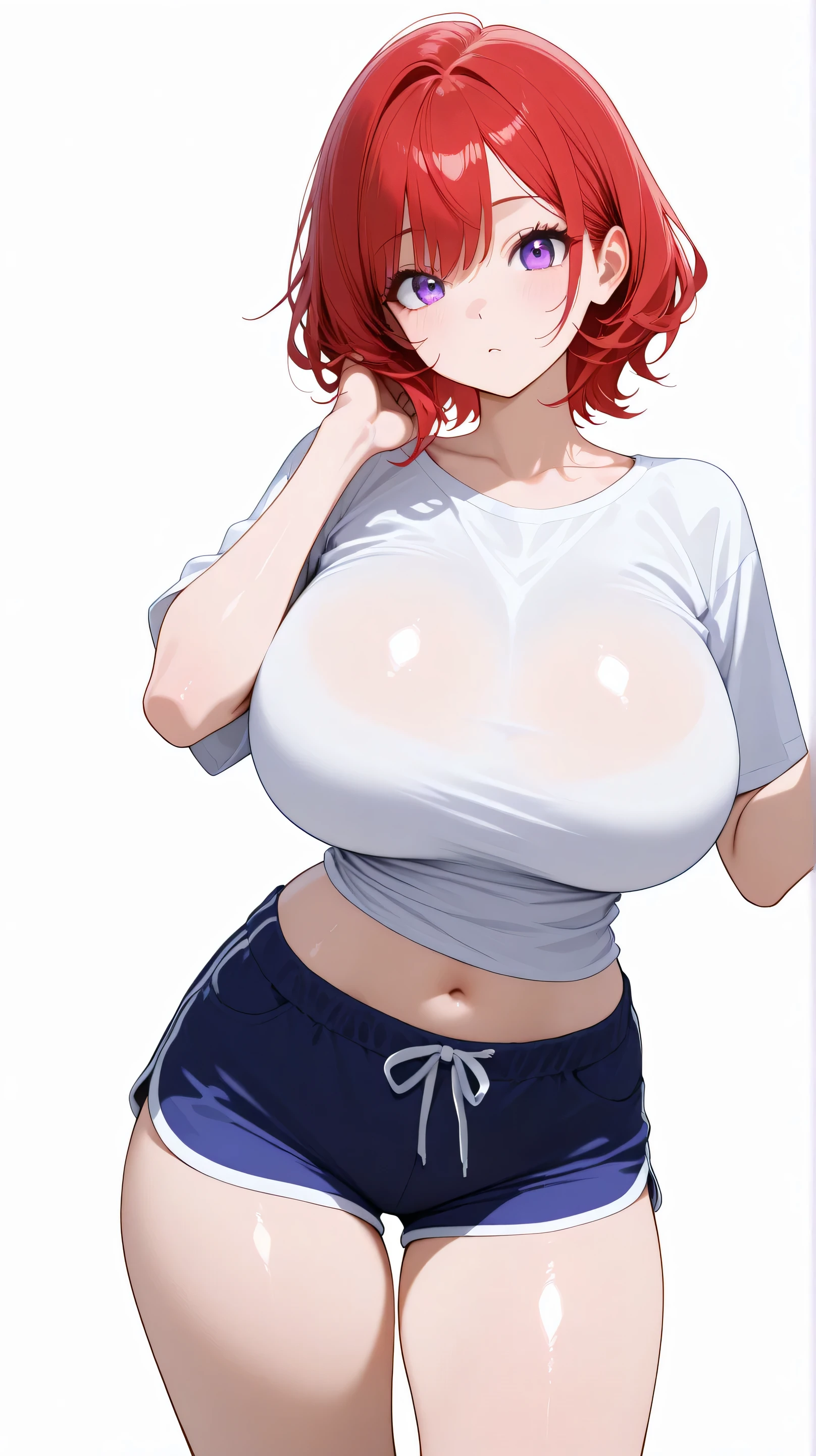 cute girl . Very kawaii , round face . alone , Slim , red hair, purple eyes, huge breasts , short and small . shiny skin . Pure white tube top T-shirt . shorts . dynamic poses . dynamic angle . No background , White background , looking at the viewer, 