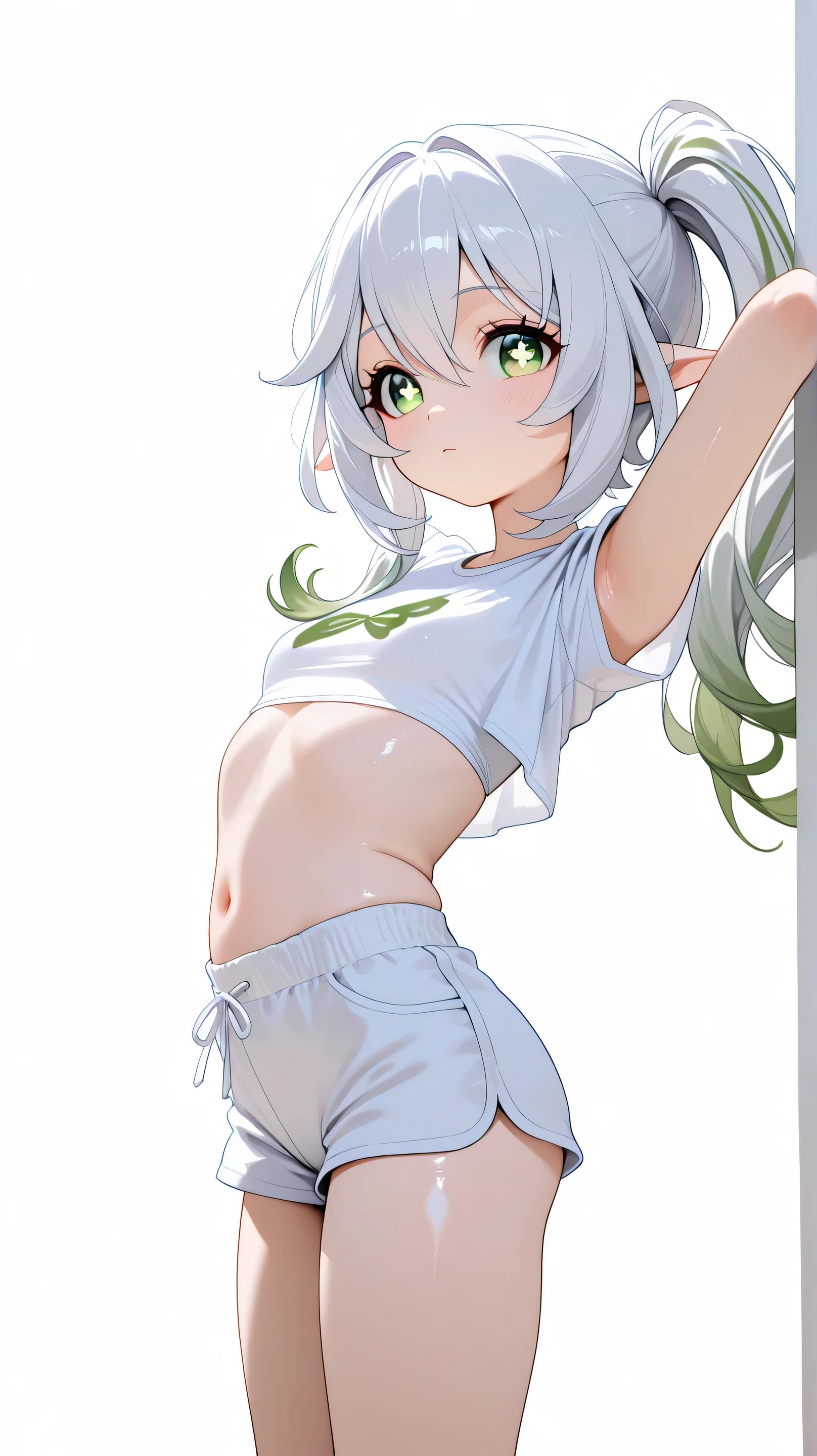 cute girl . Nahida from Genshin Impact, white hair, green eyes, Very kawaii , round face . alone , Slim , small breasts , short and small . shiny skin . Pure white tube top T-shirt . shorts . dynamic poses . dynamic angle . No background , White background , looking at the viewer, 