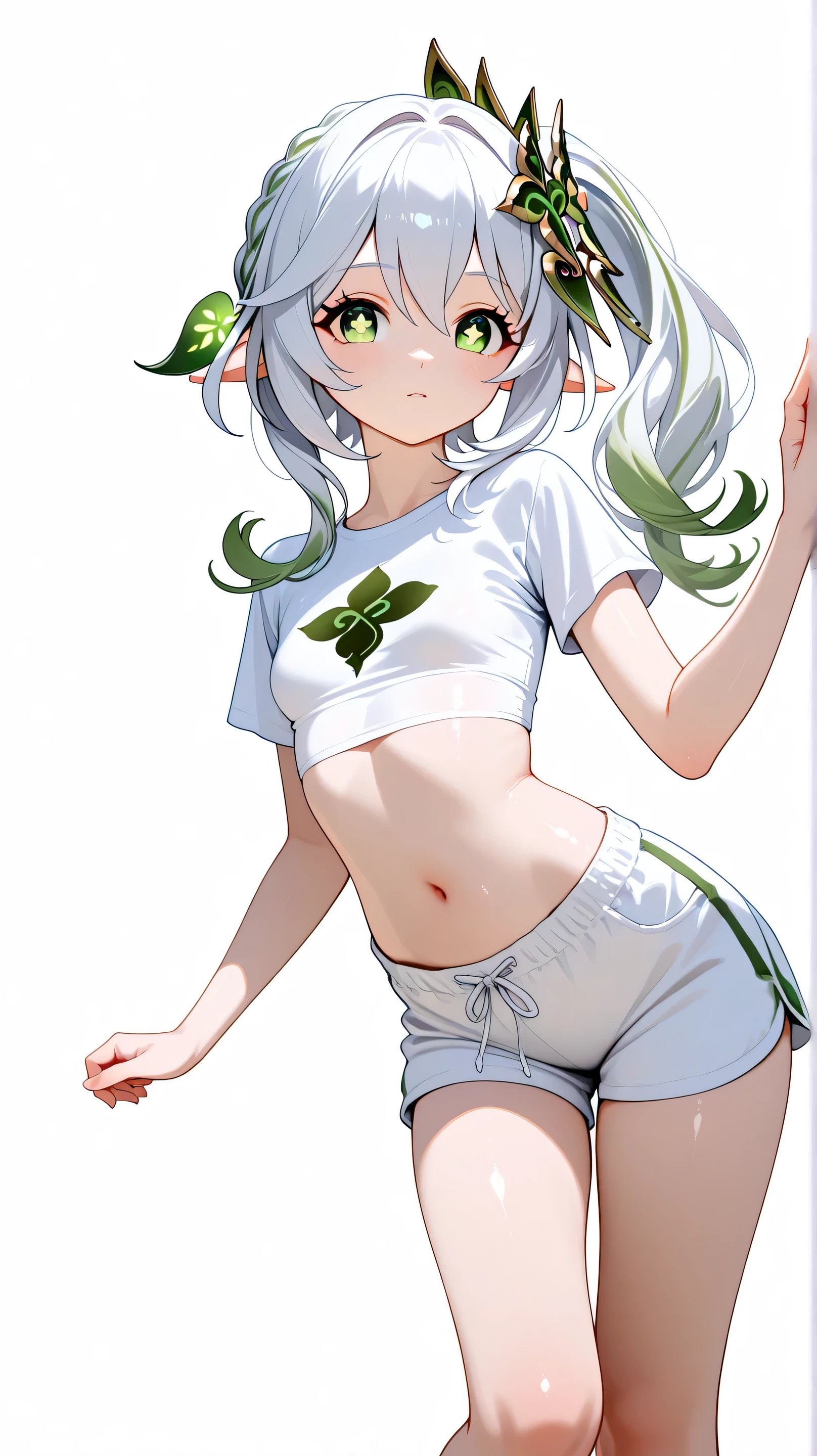 cute girl . Nahida from Genshin Impact, white hair, green eyes, Very kawaii , round face . alone , Slim , small breasts , short and small . shiny skin . Pure white tube top T-shirt . shorts . dynamic poses . dynamic angle . No background , White background , looking at the viewer, 