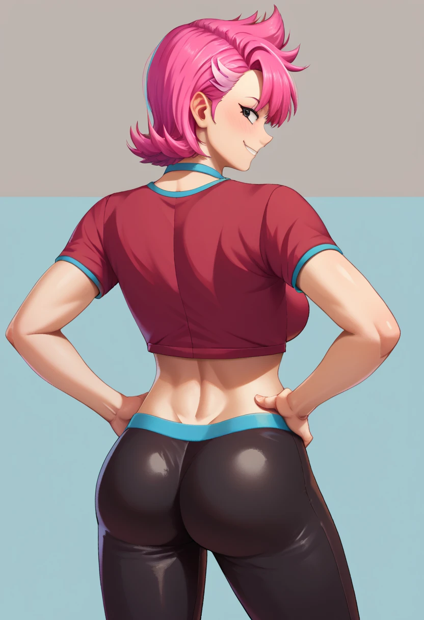 score_9,score_8_up,score_7_up,score_9,4k,HD,8k,highres,antialiasing,detailed,texture,lineart,full color,cinematic lighting BREAK redaction,1girl,solo,smile,short hair, navel, pink hair, midriff, black eyes, red crop top, black pants, cowboy shot,room,room background,looking at viewer,from behind,ass,looking back, hands on hips, 