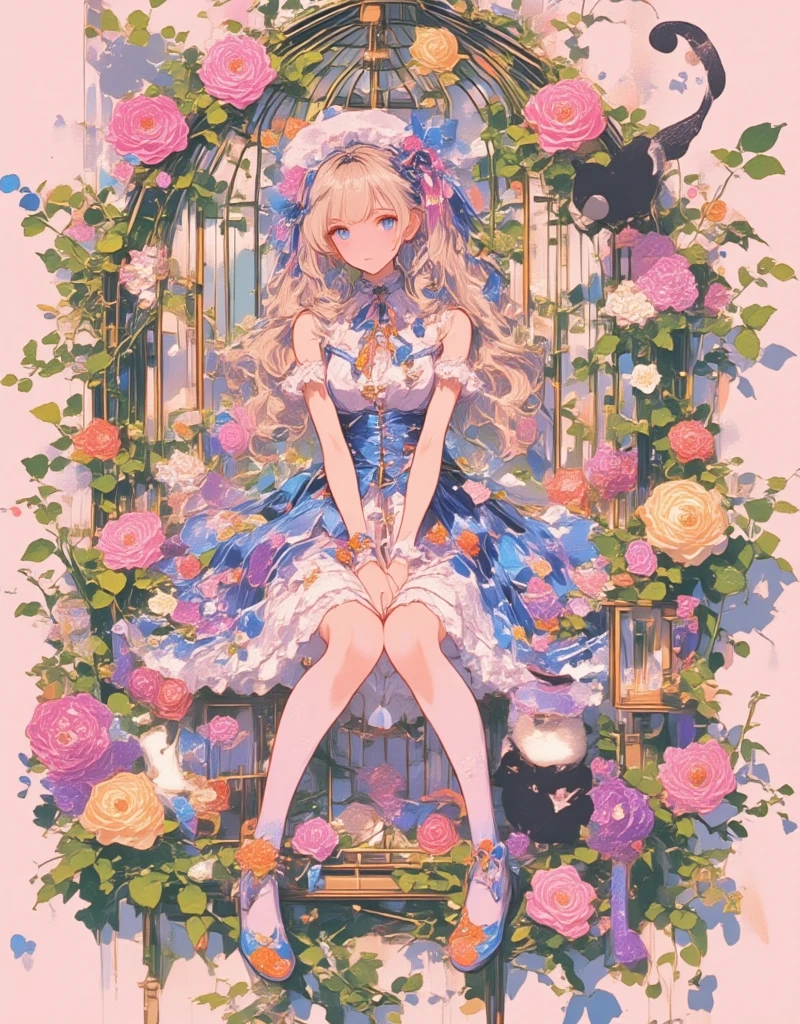 Lolita girl in a birdcage, Wearing ribbons and Lolita dresses, Colorful rose flowers, Rose vines tangled around a birdcage, Fairytale illustration. Baron the cat in a hat and tuxedo. Pastel Gradient, "Lollipop Syndrome", mesmerizing artwork, Impressive creativity. (best quality, high resolution, masterpiece:1.2), Super detailed, surreal, egmid