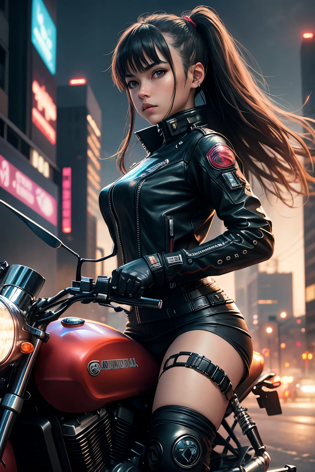 (Cyberpunk theme), 1 Woman Riding Her Big Kawazaki Future Tech Motorcycle, Holding A Gun In One Hand (Huntress, Brown Eyes, White Skin, Dark Long Wavy Hair, Choker, Small Breasts, Lipstick, Make up, Eyeliner), wearing a one-piece armor Black, Cyborg Gloves and Boots, in a cyberpunk city at night, (masterpiece, best quality, 8K, sharp focus, depth of field, best shadows, perfect lights, HDR, realistic skin texture, ultra-detailed and detailed background), wideshot