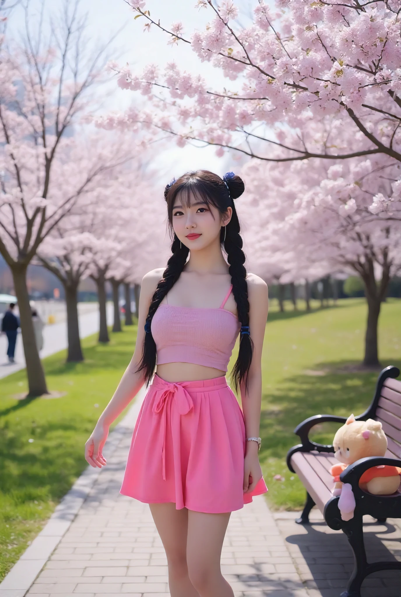 In the tranquil surroundings of Ueno Park on a bright spring day, a Korean woman stands on a walkway flanked by blossoming cherry trees. Her long black hair is playfully braided and adorned with charming ornaments that catch the sun filtered through pink flowers. At the delicate top, she wore a bright pink cordless top and a stylish shorts skirt that accentuated her playful nature. The shimmering sunshine created a magical atmosphere as it danced across the green and cheerful stuffed toys perched on a nearby park bench. Insert scenes with fun and weirdness. Visitors walk by and laugh. AND CHEERFUL CONVERSATIONS FILL THE AIR, MAKING THIS PICTURESQUE PLACE FEEL MORE LIVELY AND VIBRANT WITH THE SPIRIT OF SPRING.