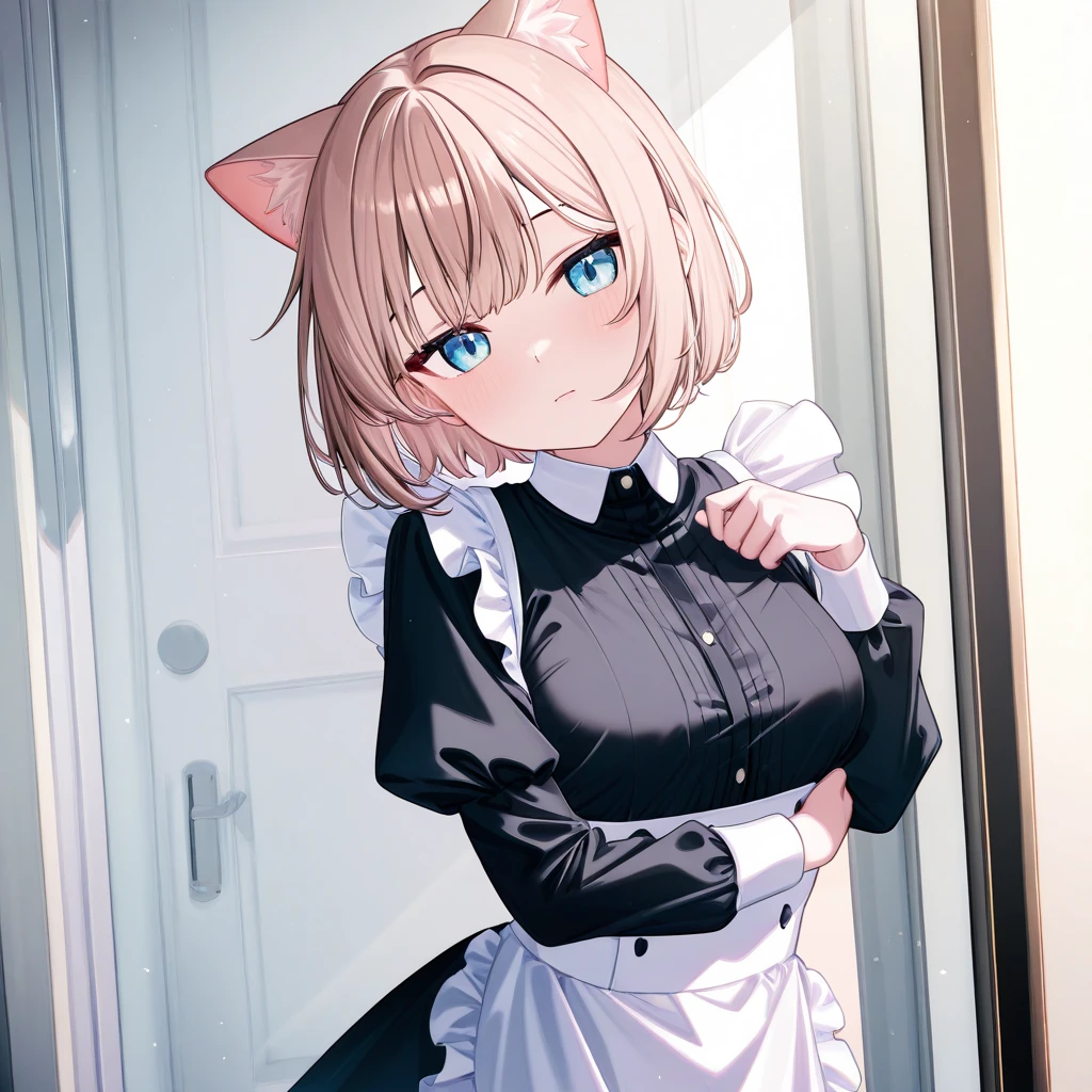 masterpiece,  top quality ,  extremely sophisticated ,  absurd, up to date,  One girl , light brown hair, short hair,  前hair, Lo Tide _length_hair,  medium breasts,  head tilt , Maid,Cat ears