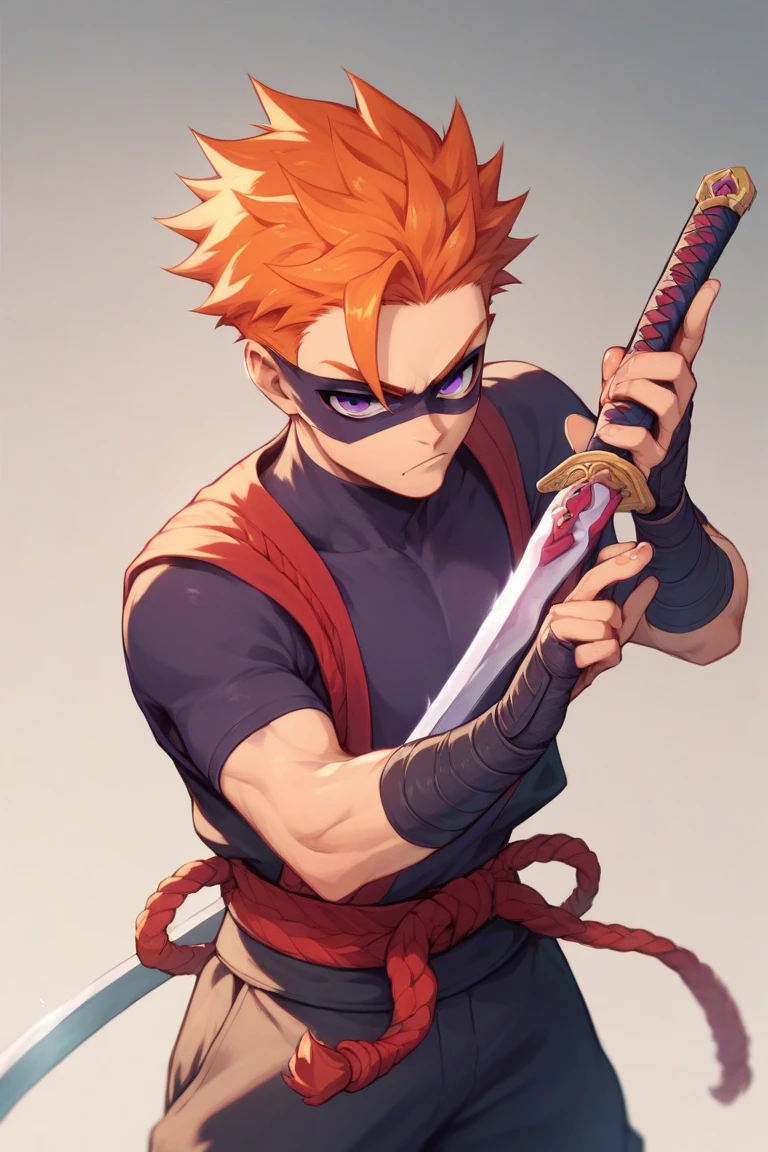 Anime boy ,Spiky hair ,orange hair ,purple eyes ,narrowed eye ,handsome ,matured, ninja mask, holding a sword