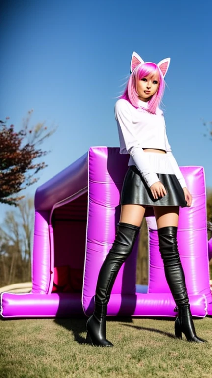 Sexy girl, long pink hair, tight miniskirt, black plain tank top, prominent nipples, sitting in a sexy pose on a park bench, gives a blowjob with a guy, cock in mouth, extreme blowjob, fluids, sexy, lascivious , art inspired by Bill Sienkiewicz