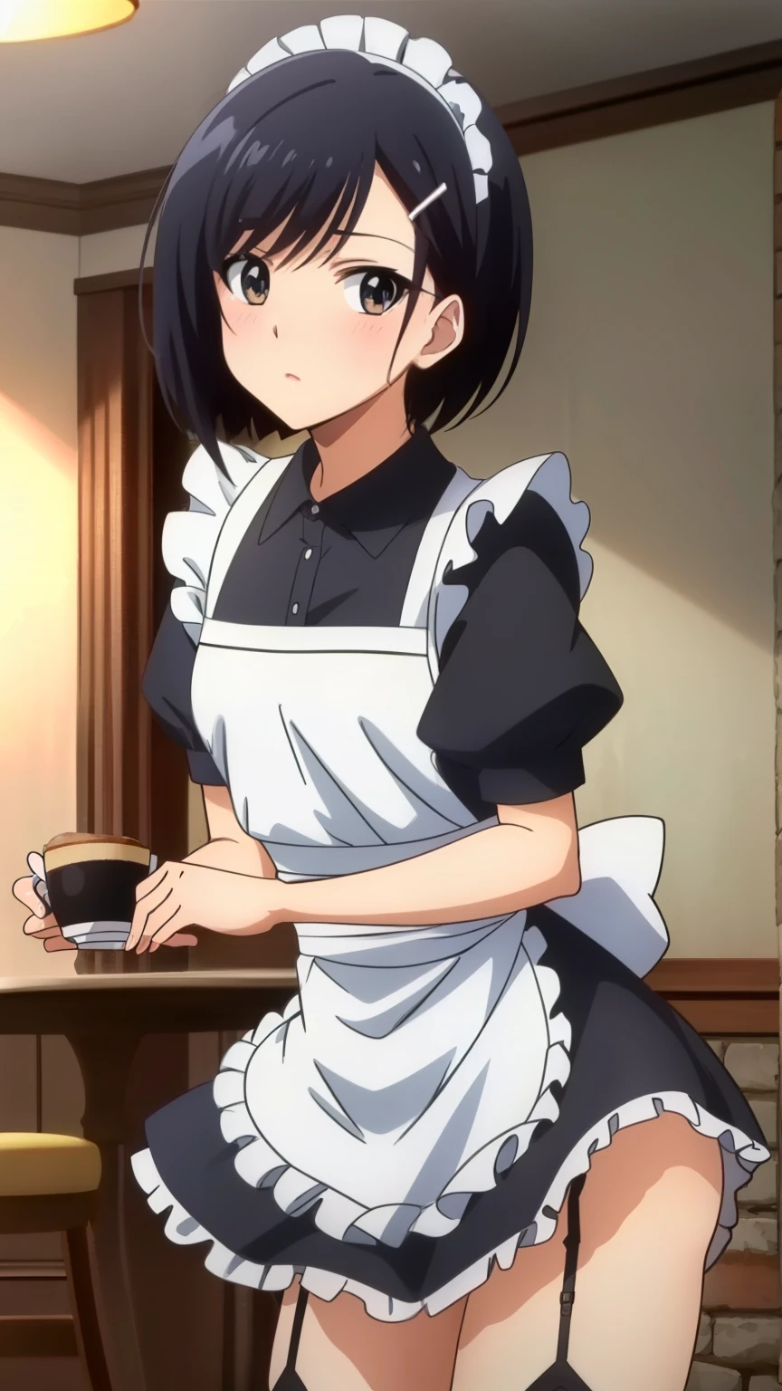 (Top quality, masterpiece, 8k), (anime coloring), Very detailed, very detailed, perfect face, beautiful eyes, perfect eyes, detailed eyes, feature large highlight, detailed face, ultra-detailed, detailed eyes, symmetrical eyes, (dynamic angle), sharp details, tomoe, black hair, black brown eyes, ((short stature)), (small breasts), short hair, hairclip, healthy skin, slim, slim body, (maid outfit, lace, frills, mini skirt, garter belt, indoor, cafe, blush), (cowboy shot:1.5), looking at the viewer, in the center of the image