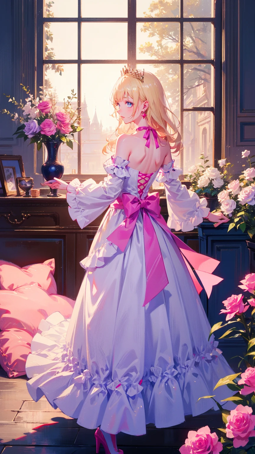 (8k, top quality, masterpiece : 1.2),  Ultra Fine ,,   Marie Antoinette   ,   Super Detailed Color ,fine grain,   only the entrance to the castle's basement   ,( blonde alone  ),   long hair,   wave hair  , break,Rococo Ruffle Dress, long sleeve dress,  a long skirt dress placed on a wooden boat   ,  Baroque Dress  ,   intricate fantasy dress   , Luxurious and glamorous dress   ,   romantic dress,   Frilled Costume  ,lottery, Data Style,   Formal wear, Fancy Fashion, palate colors include   pink and white,(   pink:1.5),Class A Smile,  Gold Tiara  ,   necklace ,  sit in a luxurious chair,   you have to tie your hands to your back   ,(   rainbow light   :1.4),,  Profile of a person looking out of a window   ,   The window reflects a rose bush   ,(Inside Victoria Palace)、Her eyes are shining、 now her blonde alone 's hair extends to her waist 、Rose-colored gradation and three, 薄い   pinkのロック. 彼女は花柄の装飾が施された  Gold Tiara  を着用し、  Matching earrings    , white flower choker. 彼女は金色のボタンで縁取られたフリル付きの白いストライプの   pinkのトップを着ている,  The white sleeves are in the shape of a bud   ..   a dress with a magenta ribbon flowing out of her chest   ..、 Behind her neck   、Matching chest piece, Decorated with flowers.   her frill skirt is separated by a white line   ,   a dress with a large magenta ribbon   、Decorated with gold,    There is a small ribbon on the back    . Her mini skirt、薄い   pinkのマゼンタの貝殻状の裏地と白い花のペチコートでできている. 彼女は   pinkの花がついた白い手袋も着用している, 白と薄い   pinkの靴には、ゆるいカフとDecorated with flowersたマゼンタのリボンがある.
