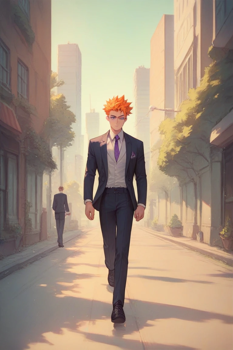 Anime boy ,Spiky hair ,orange hair ,purple eyes ,narrowed eye ,handsome ,matured, suit, walking, city