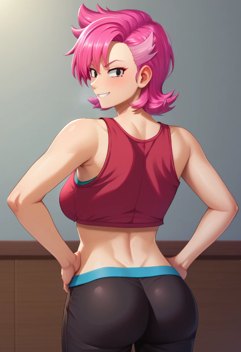 score_9,score_8_up,score_7_up,score_9,4k,HD,8k,highres,antialiasing,detailed,texture,lineart,full color,cinematic lighting BREAK redaction,1girl,solo,smile,short hair, navel, pink hair, midriff, black eyes, red crop top, black pants, cowboy shot,room,room background,looking at viewer,from behind,ass,looking back, hands on hips, sleeveless, tank top