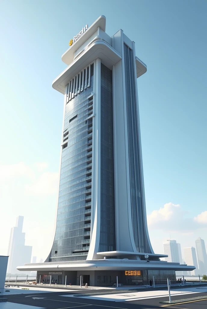 Created a Futuristic Luxury Building, Executive class architecture, Futuristic variation tower, with the logo "RUSDHY HOTEL", Daytime, Futuristic rooftop design