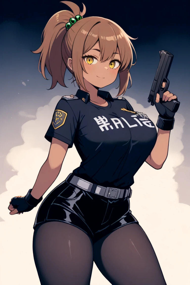  A girl,   brown hair  , holding a gun with both hands pointing forward,  with a large ,   short hair with a ponytail ,   golden eyes  ,   very large breasts ,   thick thighs ,   tanned skin, He was wearing a low-cut police shirt ,   with black fingerless gloves with metallic ornaments  ,   wearing black tights under large black shorts 