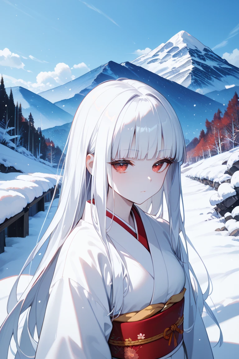 masterpiece,best quality,simple,minimalism,hime cut,beautiful japanese girl with straight black long hair,troubled and groomed eyebrows,red eyes,slanted eyes,half opened eyes,white skin,white kimono red obi,simple background,snow,mountain,snowstorm