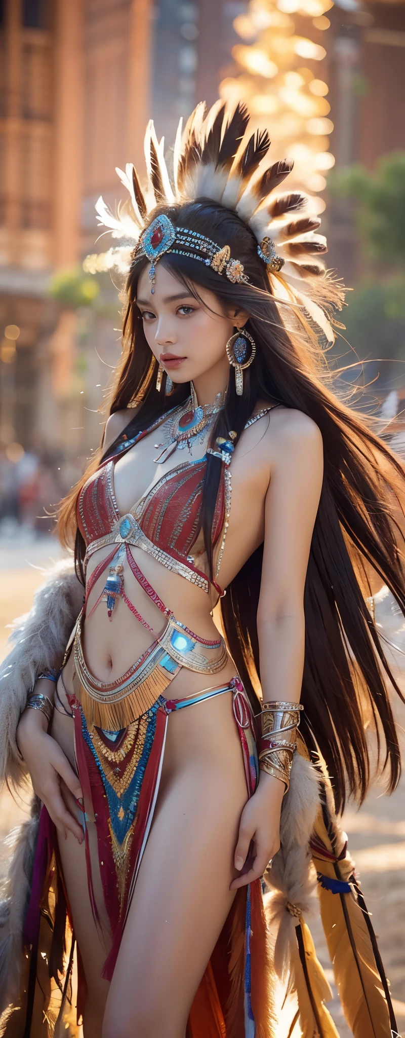 (（Folha de design de personagem, design de personagens, mesmo personagem, Frontal angles, Side angles, Rear angles), (((corpo todo))), Estilo 3DMM, , 128K Ultra High Definition, 128K Ultra Alta Qualidade, Ultra-high 128K resolution, 128K resolution, Qualidade 128K, 128K resolution, Better definition, melhor qualidade, best resolution, hiper detalhado, hyper definition, hiper qualidade, Hyper resolution, perfeitamente detalhado, perfeitamente projetado, obra de arte,
((uma mulher  de 28anos em um traje nativo com penas)), ((portrait of a 28 year old Brazilian indigenous woman Indigenous Goddess)), ((estilo maia)), ((Amazonian Indigenous Makeup)), ((Amazonian indigenous hair)), ((Amazonian mythology)), ((cocar de penas intrincado)), ((Headpiece com penas pequenas)), ((crossed arms, ansioso)), ((Create a Dramatic Lighting Image of a Native Brazilian Woman)), ((Warm and wise expression)), ((com dedos extremamente perfeitos)), ((Olhos extremamente perfeitos)), ((perfect hands)), ((mulher  de 28 anos)), ((The Face with Indian Paint)), (((cabelo morena))),