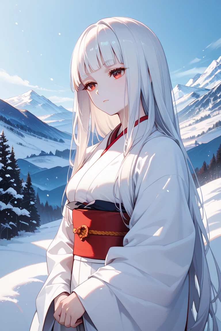 masterpiece,best quality,simple,minimalism,hime cut,beautiful japanese girl with straight black long hair,troubled and groomed eyebrows,red eyes,slanted eyes,half opened eyes,white skin,white kimono red obi,simple background,snow,mountain,snowstorm