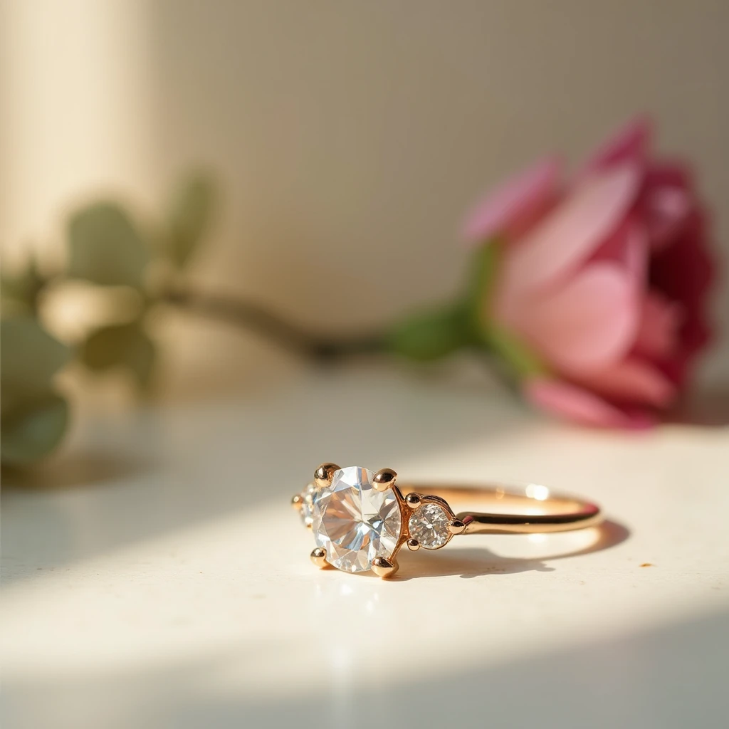 Random photoshoot for engagement ring object on table.