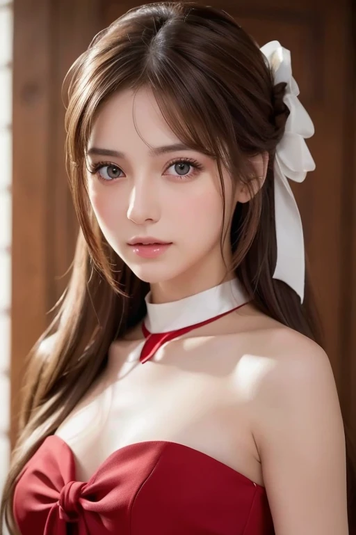 Life s ,  Brown Hair,   white skin,  realistic ,  long hair tied with a red ribbon,  light brown eyes,   Red Dress , 8K images,  realistic  human skin,  Picture that grabs a real neckline ,