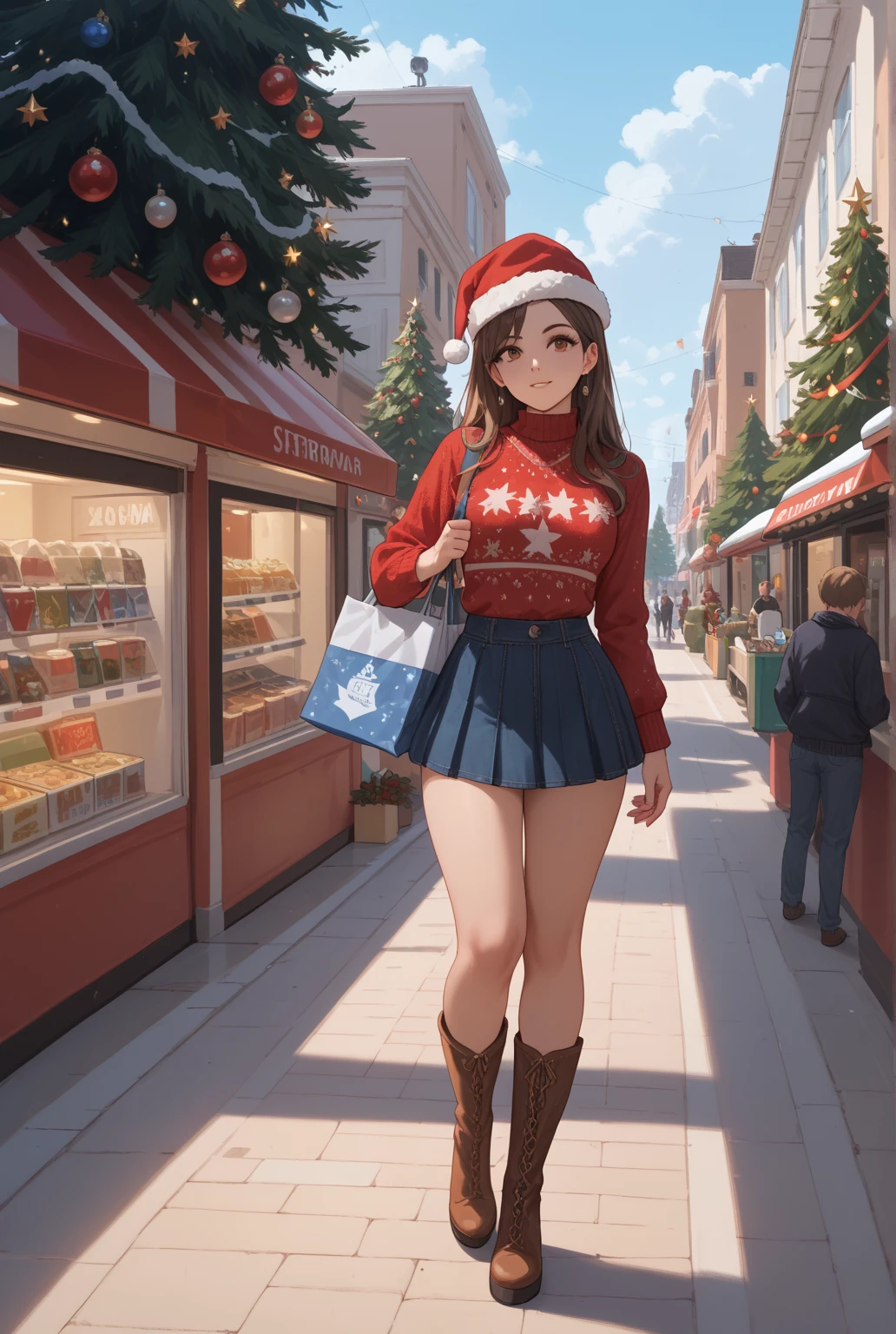  brown long hair　Santa hat　knitted sweater dress mini skirt　suede boots 　 in front of the store　 christmas date 　 Christmas Tree　Streetscape　evening