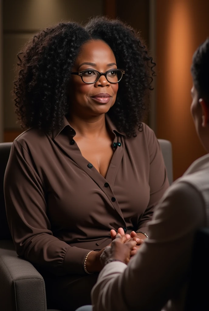 masterpiece, best quality, oprahwinfrey, a woman with glasses, sitting on a talk show, muslim dress, spread legs, shy