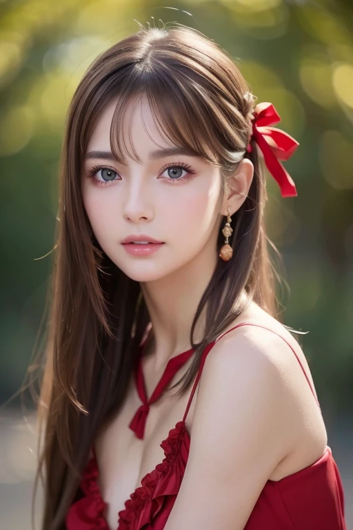 Life s ,  Brown Hair,   white skin,  realistic ,  long hair tied with a red ribbon,  light brown eyes,   Red Dress , 8K images,  realistic  human skin,  Picture that grabs a real neckline ,