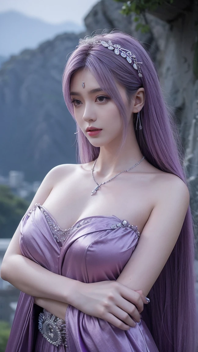 shirtless, naked, Large target ,  purple hair ,  long hair,  accessories such as necklaces on the forehead, Hair accessories,  neck accessories , 高Large target身体,  Best Quality ,  super high quality, Stand on the hillside,  bright sky,  bright light , whole body,  looks far , Long lens, Postural sex , Right hand squeezes the breast 