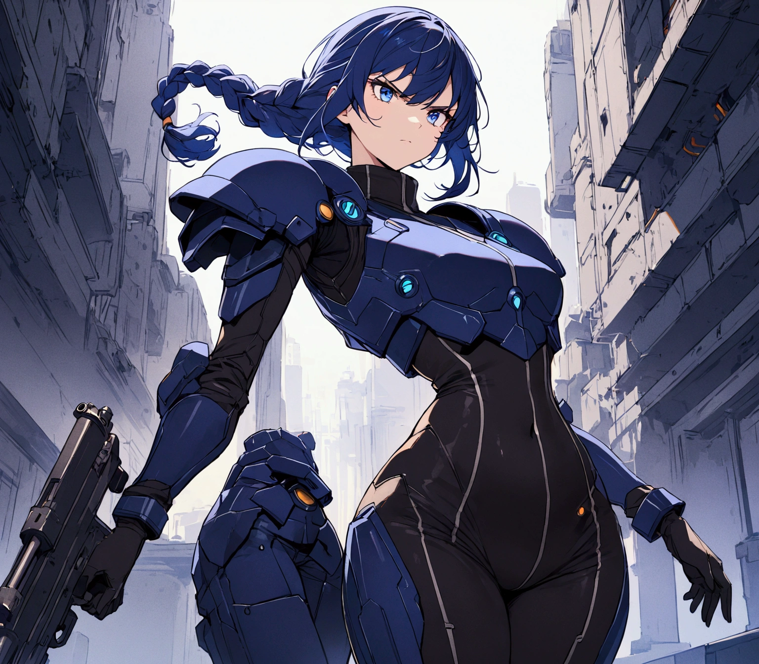 a beautiful girl with midnight blue eyes, (long midnight blue hair, braided hair) circuits running through her skin, wearing a uniform (sleeveless turtleneck suit with long pants, tight long pants, shoulder pad armor, armored shoulder pads, gloves, scifi suit with (small keyholes on leg)) with a curvy figure, scifi gun, serious determined expression