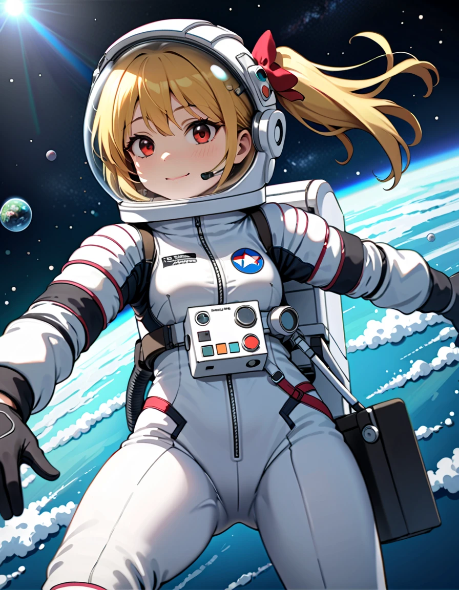 (Space suit:1.15),   White Sweatpants   , astronaut)bubble helmet, space helmet, Gloves ,  looking closely at you   , Outer Space, floating, masterpiece,   Top quality  , 1girl, beautiful,  solo   ,Flower N  ,   Flanders Scarlet, change, Small, Slim, child,young,younger female, ( Blonde Hair:1.2),   Side ponytail  , red eyes, hair bow,   Red Bow,  hair between the eyes,   Longitudinal pupil  , white tiara,difficulty breathing, Smile, wave, whole body