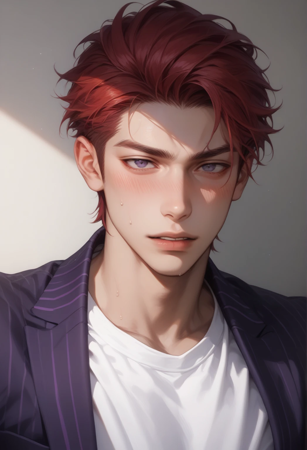 score_9, score_8_up), score_7_up, adult male, short red hair, solo, 1boy, dark purple eyes, male focus, chest, out of frame, reality, (purple striped suit, white shirt, shirt is gaping), (sensual, lustful, blush), sexy