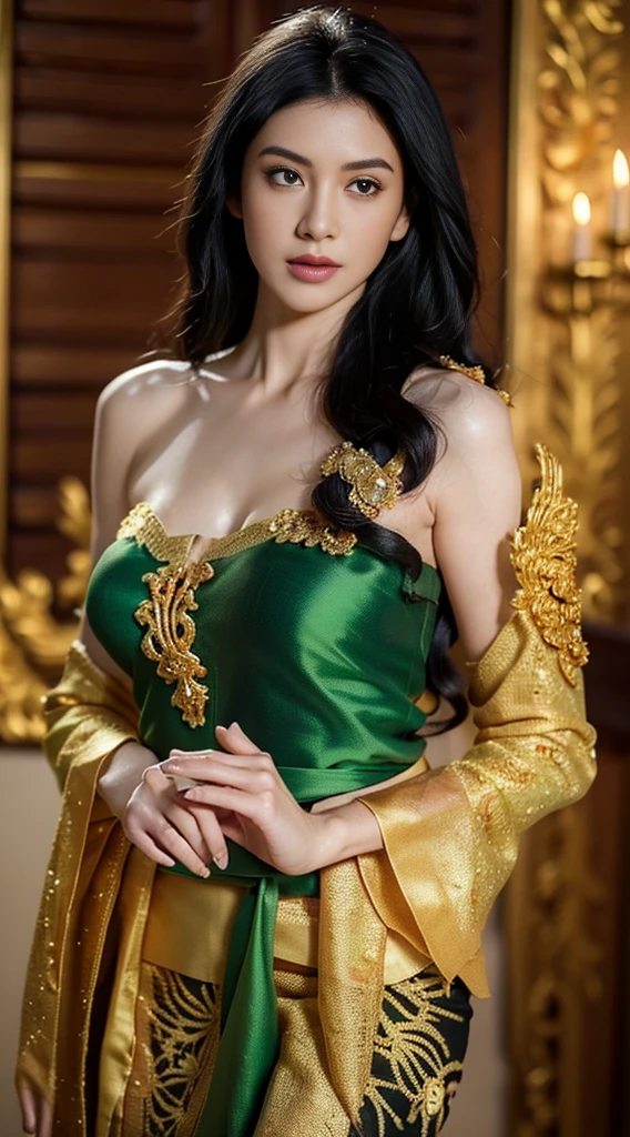 1 of 1 girls, armor, black_hair, Blurred, Blurred_background, Blurred_prospect, chest, green_eye, Closed_mouth, depth_of_Field, Earrings, jewelry, length_hair, Looking_in_Audience, smile, One person in, upper_body