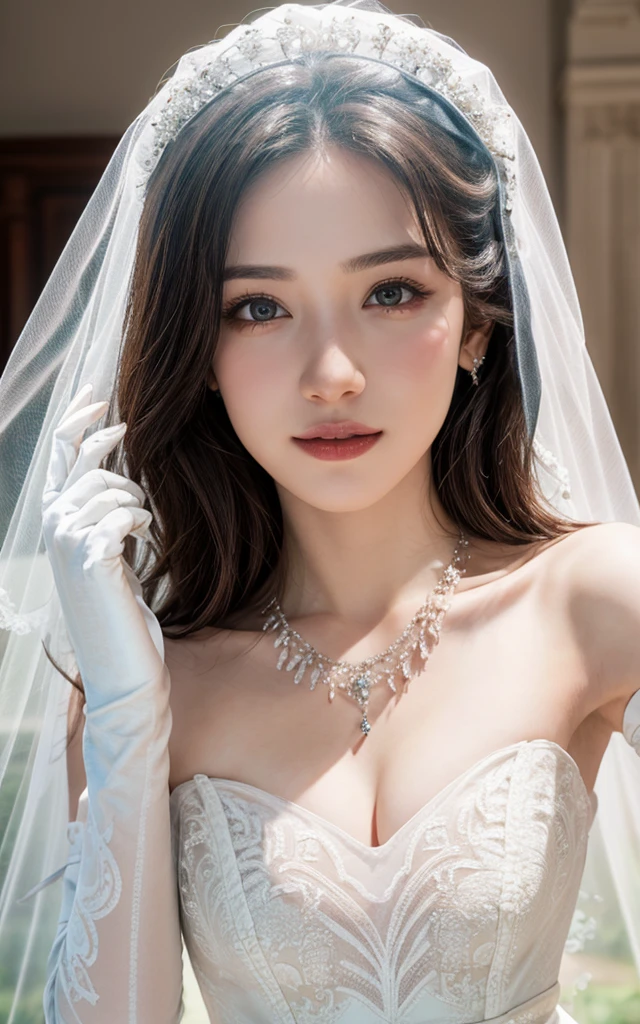 (absurd, high resolution, super detailed), (Raw,4K, UHD, Masterpiece, extremely realistic), extremely detailed, extremely realistic, a girl, 18 years old, with a cute face, adorable, perfect face, perfect skin, epic skin, hyper realistic face and skin, perfect eye, perfect lips, very beautiful, perfect makeup, wearing a luxurious white wedding dress, wearing white bridal gloves, wearing various luxurious diamond jewelry which is very complete,earring,neckacle,gems and diamond pendant and flower accesories, perfect body, hyper realistic body, very gigantic breast, hyper realistic finger hand and nail, is standing in a dream, holding a flower bucket, in the beautiful blossom flower public park, full body shot, perfect color, reality shadow, perfect sharp, studio lighting, make this perfect photgraphy, luxuryous wedding photography