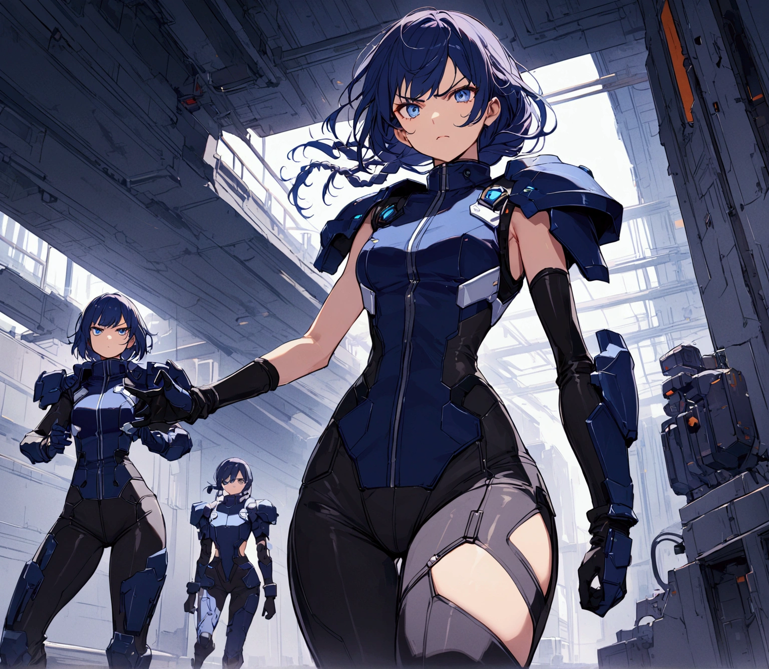 a beautiful girl with midnight blue eyes, (long midnight blue hair, braided hair) circuits running through her skin, wearing a uniform (sleeveless turtleneck suit with long pants, tight long pants, no sleeves, sleeveless, shoulder pad armor, armored shoulder pads, gloves, scifi suit with (small cutouts on leg)) with a curvy figure, scifi gun, serious determined expression