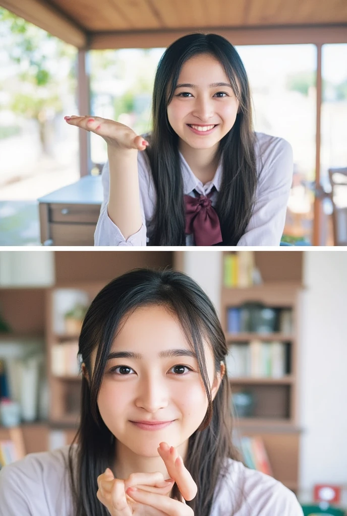 1People Girls,Selfie,from above,20-year-old,student,Beauty,Beautiful face,Cute face, japanese girl, large bretht, embarrassed,Embarrassed smile,{{{masterpiece}}}, {{{best quality}}}, {{ultra-detailed}}, {illustration}, {{an extremely delicate and beautiful}},short hair