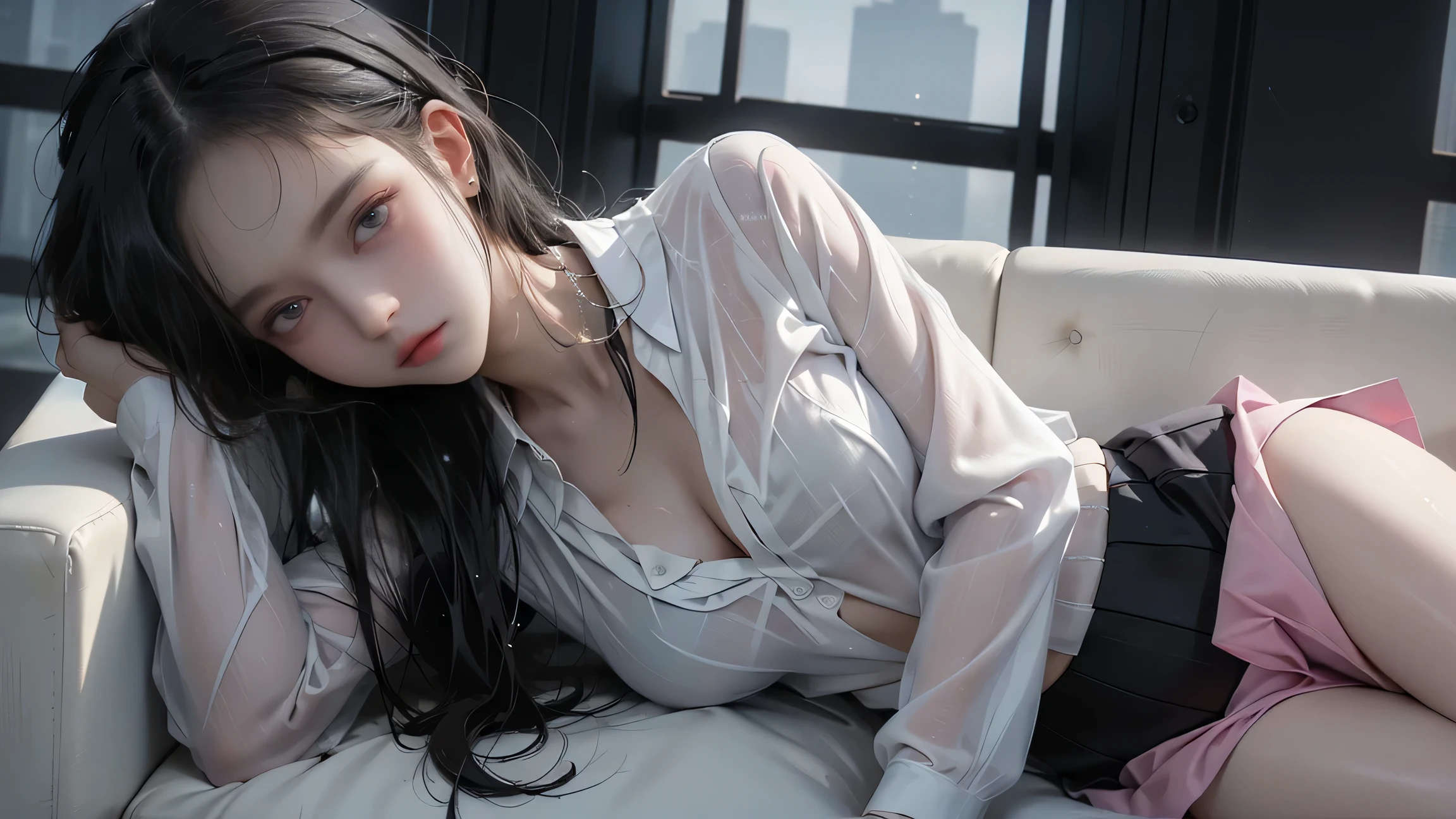 ( Lying down )、(( Girl lying on office sofa ))、(  career woman )、( 最 high image quality )、((  excellent quality、 8k、 masterpiece : 1.5) )、((  Wet White Blouse  ))、（ Not wearing a bra）、（ Girl lying on office sofa with erect nipples shining through pink  )、((  black tight skirt  ))、  black pantyhose 、 high heels by Miguel、  perfect body beauty : 1. 4)  wet skin、（smile）、Film texture、  photorealistic 、  high image quality、1 person、  Single  、(The skyscrapers are hazy behind)、Cleavage coordination、