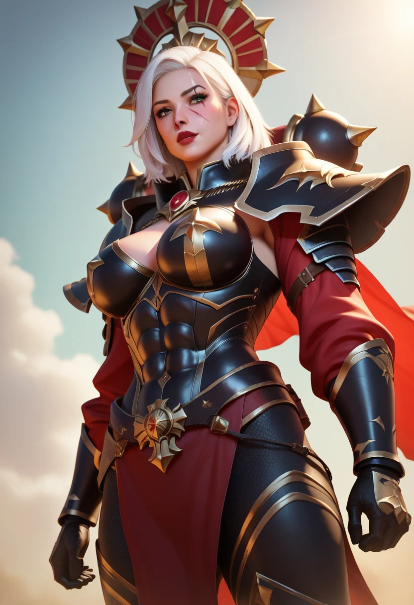 (4k, Best quality , highres), ( masterpiece:), Sororitas, anime style, 1 girl, perfectly sculpted body , detailed body, perfectly formed face, (scar face), (tough face), detailed face , big woman, detailed eyes, Detailed lips , (red lips), light skin, The woman has a mole below her mouth, different expressions, (different hairstyles), (white hair), (different armors), (Full armor), intense look, different poses, vibrant colors, arte digital, High resolution, muscle arms , muscular abdomen, muscular legs, (greenish lighting),