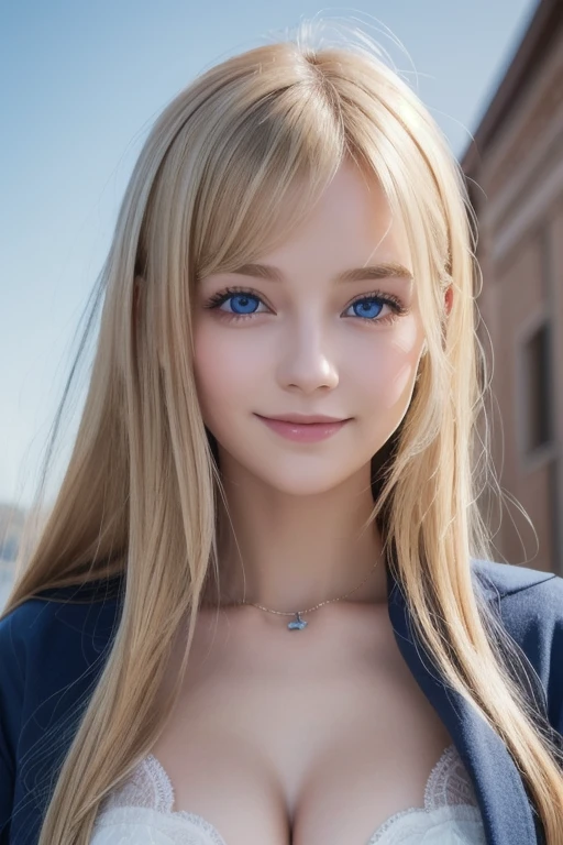 (Blurred Background:1.3),masterpiece, Realistic, Detailed eyes, Detailed pupil, cute, View your viewers, Natural light, Depth of written boundary, Film Grain, Wrinkled skin, 24-years-old, woman, alone, (chest:1.4), chestの谷間, blondeのウェーブヘア, (Skin Dentition:1.3) (Side bust:1.2) (Blue sundress), Grin, lips, Pause, Front view, (Crowded street:1.4), Long Hair, 巨大なchest ,Super big breasts、chestの谷間ビューア, blonde, Expose your shoulders, blue eyes, necklace, 