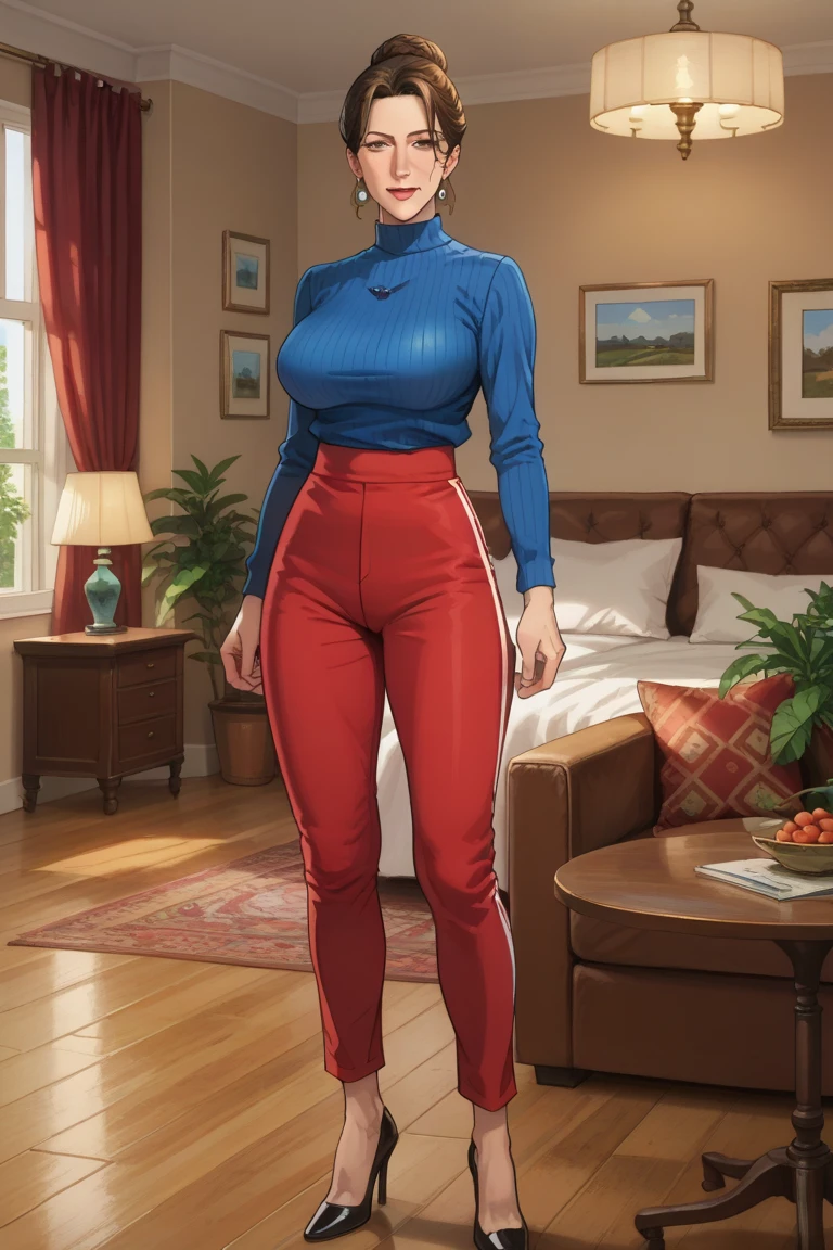 Anatomically correct, Best quality, Milf, mature woman, Liane Cartman, South Park, brown hair, hair combed in a bun, brown eyes, large breasts, long-sleeved blue blouse with a low neckline, red tight pants, black heels, a living room in the background. 