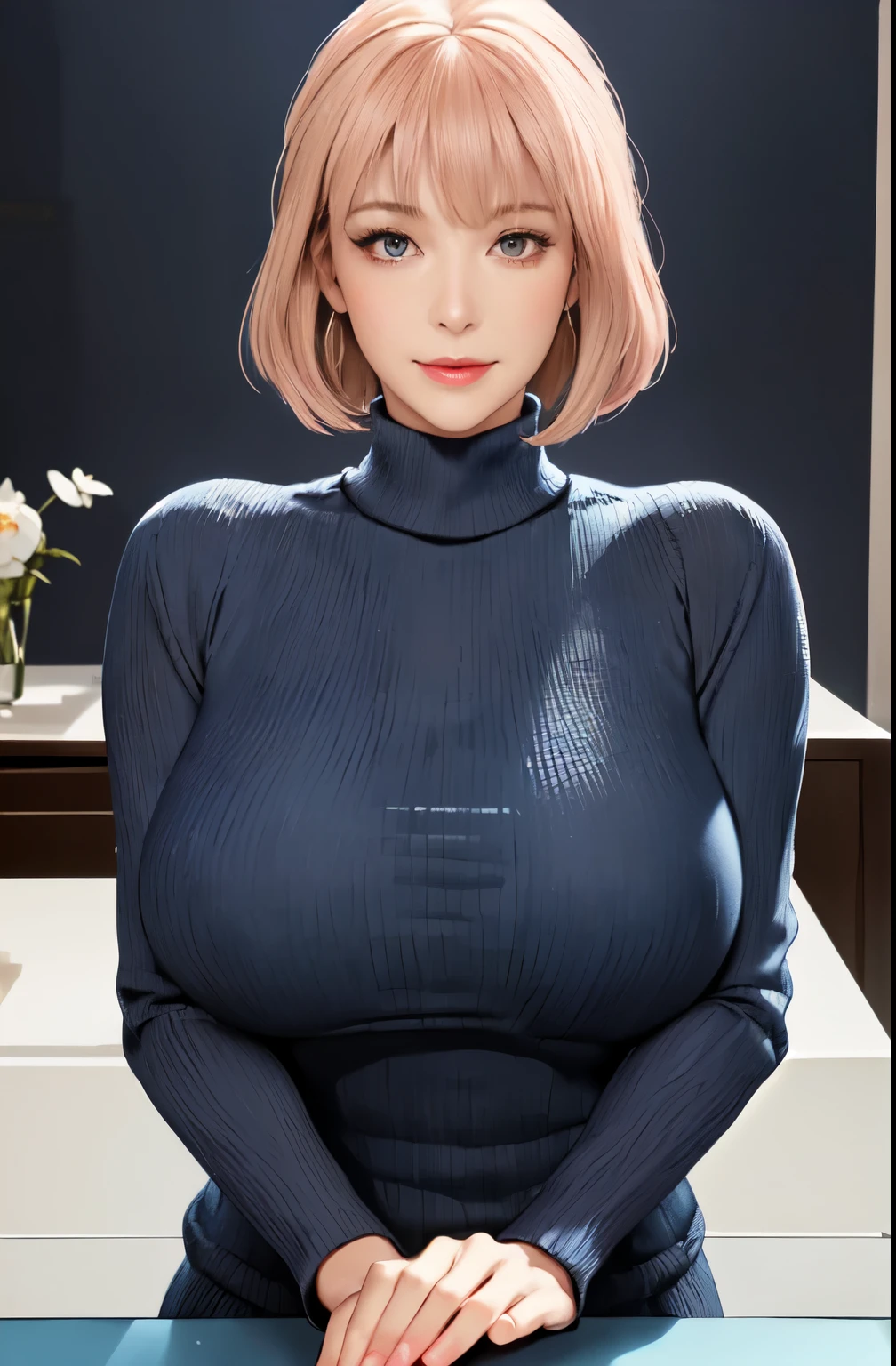 /(Modern home interior/), Only one female, Mature Woman, /(blue ribbed Sweater/), bangs, A gentle blushing smile, (Masterpiece Top quality:1.2) Delicate illustrations, super detailed, huge Breasts, looking at viewer, front view, standing, coy, ((Vulgarity))