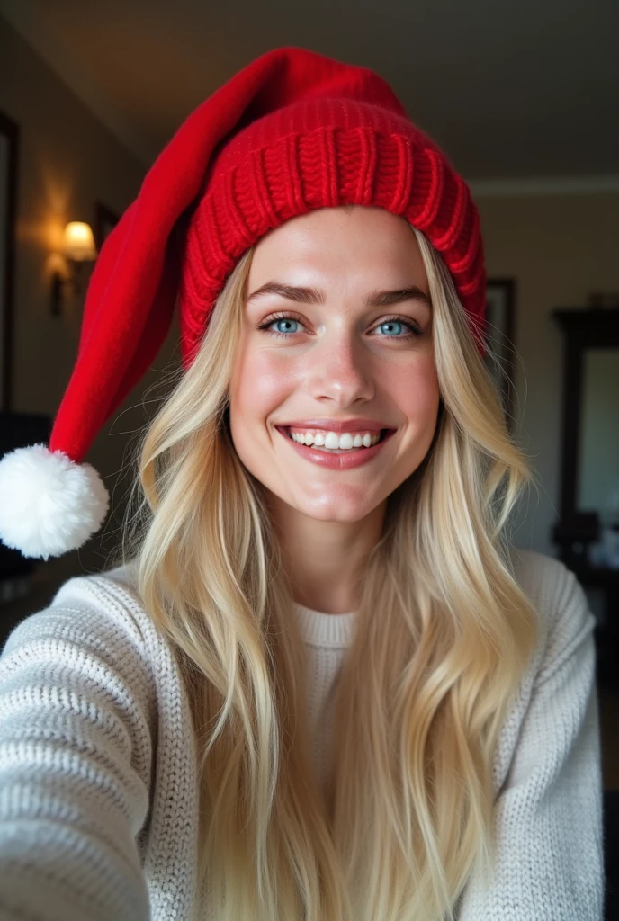 award winning glamour photo of gorgeous fit 25 year old jp-Lydia-325 woman wearing sexy sheer Christmas lingerie, bright glossy eyes, eye contact, smile, posing near Christmas tree, Christmas hat, white fur, highly detailed, detailed skin