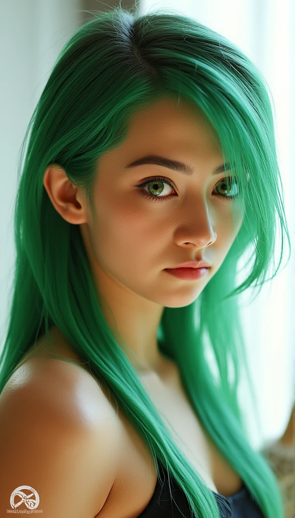 Best Quality, 4K, 8K, hight resolution, masutepiece:1.2 ,Ultra-detailed, Realistic, photoRealistic, photo-Realistic:1.37, Cinematic lighting, Beautiful detailed glow, Dynamic Angle, Shallow depth of field, Light leak, amazing, Intricate details, Green hair, Wearing a green bra, {{Small breasts}}, Shy smile, Fine Art, 年轻 , NSFW, Full body,