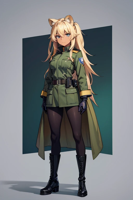  anime picture 、SF officers、 Full Body Portrait 、 A 32-year-old dark-skinned woman with arms folded and standing upright, about 175 cm tall, wearing a dark green military uniform、profile、 blue eyes、Ears like a lion、The hairstyle is short medium with feathery hair、Blonde、 smiling with her mouth closed 、military boots、gloves、Short cloak