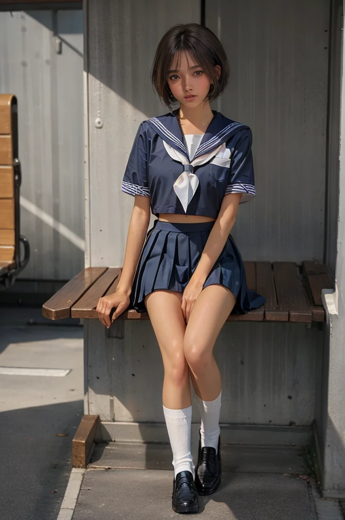 ((1 Japanese girl)), solo:1.9, alone:1.9, only one girl:1.9, 1 cute girl:1.9, 1 girl, (Japanese Girl:1.2), ((((school uniform, sailor suit, navy pleated skirt, white knee socks, black loafers)))), facing the camera,  perfect girl,  perfect face, shiny pink lips, expressive eyes, eyeshadow, eyeliner, (Huge natural breasts:1.3),  thin waist, Wheat skin:1.7, tanned skin:1.7, light brown hair, ((( short hair ))), ((( pixie cut ))), for moles under eyes, Eyeball, ( embarrassing:1.2,  Upturned eyes ),On the train, sit on the seat, whole body, From above, ultra high resolution, Accurate, Attention to Details, high quality, masterpiece, Anatomically accurate, biomechanically accurate, wrinkled skin, super detail, high quality, 