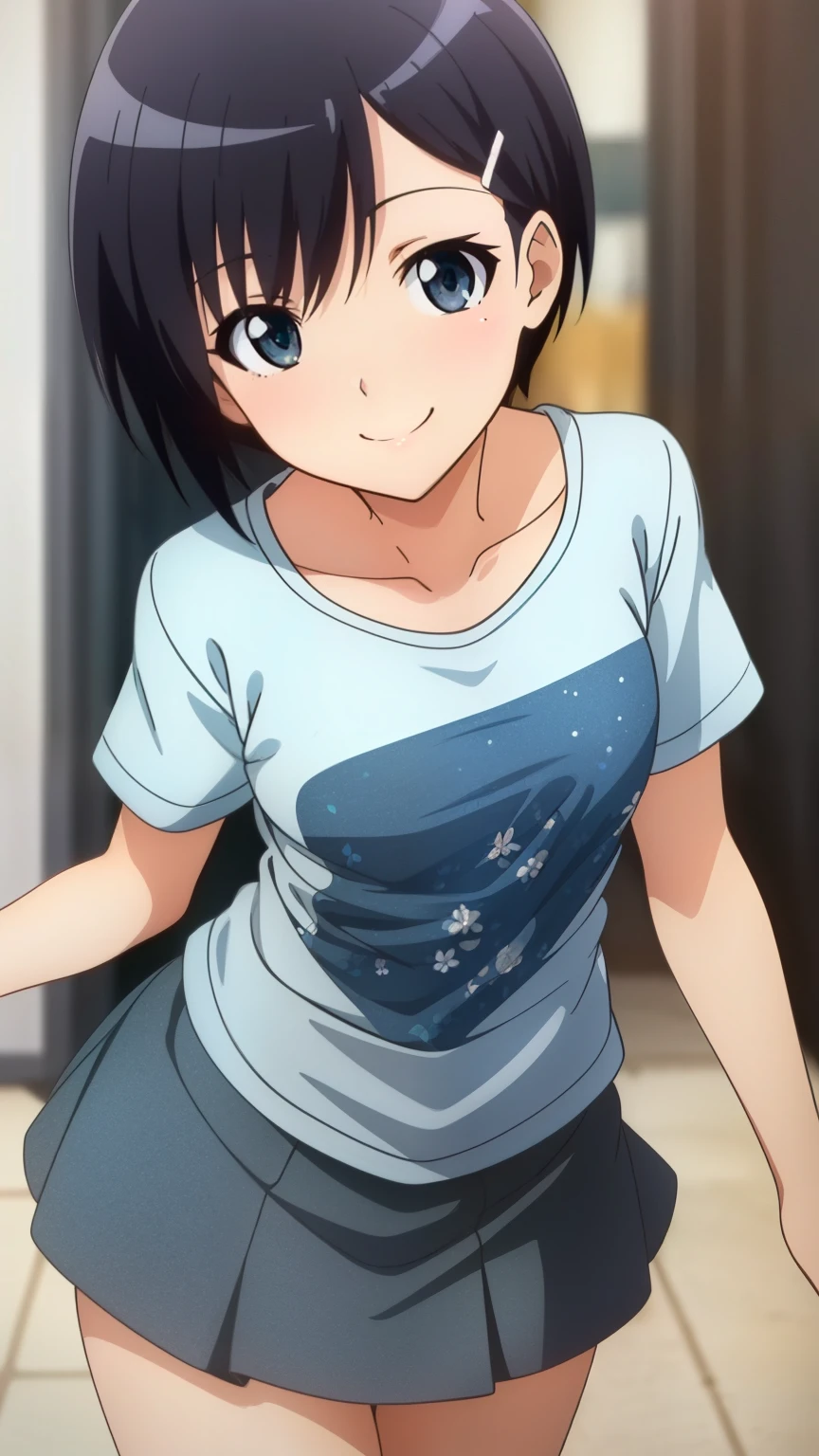 (Top quality, masterpiece, 8k), (anime coloring), Very detailed, very detailed, perfect face, beautiful eyes, perfect eyes, detailed eyes, feature large highlight, detailed face, ultra-detailed, detailed eyes, symmetrical eyes, (dynamic angle), sharp details, tomoe, black hair, black brown eyes, ((short stature)), (small breasts), short hair, hairclip, healthy skin, slim, slim body, ((floral t-shirt:1.2), collarbone, mini skirt, park, smile), (cowboy shot:1.5), looking at the viewer, in the center of the image