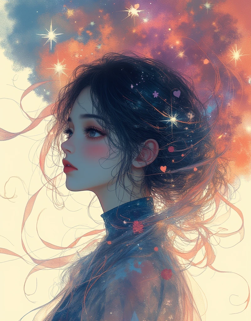 masterpiece, best quality, (absurdres, highres, ultra detailed), (absurdres, best quality:1.3, dark shot, extremely detailed), (masterpiece portrait of a girl, from side, upper body, looking up, blue eyes, natural skin texture, long dark hair, straight hair, floating hair, oversized hoodie, hood down), beautiful galaxy lighting up the sky, amazing background filled with cosmic swirls, (style-swirlmagic:1.4, style swirling cosmo magic:1.4, magical, magical swirls:1.3), (hyperrealistic, sharp), (vibrant colors),<lora:more_details:0.6>, <lyco:GPTS4 dreamwave full_478773:0.6>,