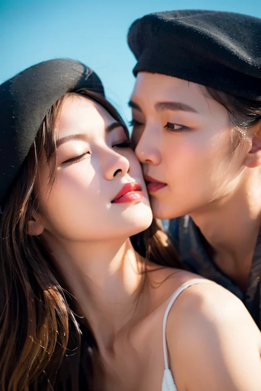 Young mother and teenage son, Have similar characteristics., love,,Hug and kiss,beach