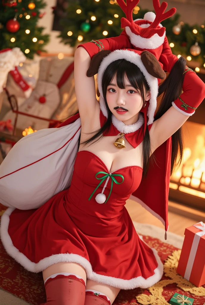 1girl in ,((santa costume)),Colossal tits, wide open cleavage,(( Character Play)),((Christmas)) ,  (Black shortcuts),((looking to camera)), High resolution,Highly detailed, looking to camera,appearance々Posing