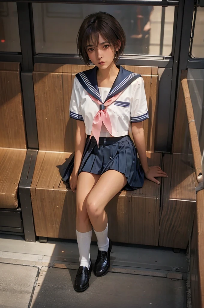 ((1 Japanese girl)), solo:1.9, alone:1.9, only one girl:1.9, 1 cute girl:1.9, 1 schoolgirl, (Japanese Girl:1.2), ((((school uniform, sailor suit, navy pleated skirt, white knee socks, black loafers)))), facing the camera,  perfect girl,  perfect face, shiny pink lips, expressive eyes, eyeshadow, eyeliner, (Huge natural breasts:1.3),  thin waist, Wheat skin:1.7, tanned skin:1.7, light brown hair, ((( short hair ))), ((( pixie cut ))), for moles under eyes, Eyeball, ( embarrassing:1.2,  Upturned eyes ),On the train, sit on the seat, whole body, From above, ultra high resolution, Accurate, Attention to Details, high quality, masterpiece, Anatomically accurate, biomechanically accurate, wrinkled skin, super detail, high quality, 