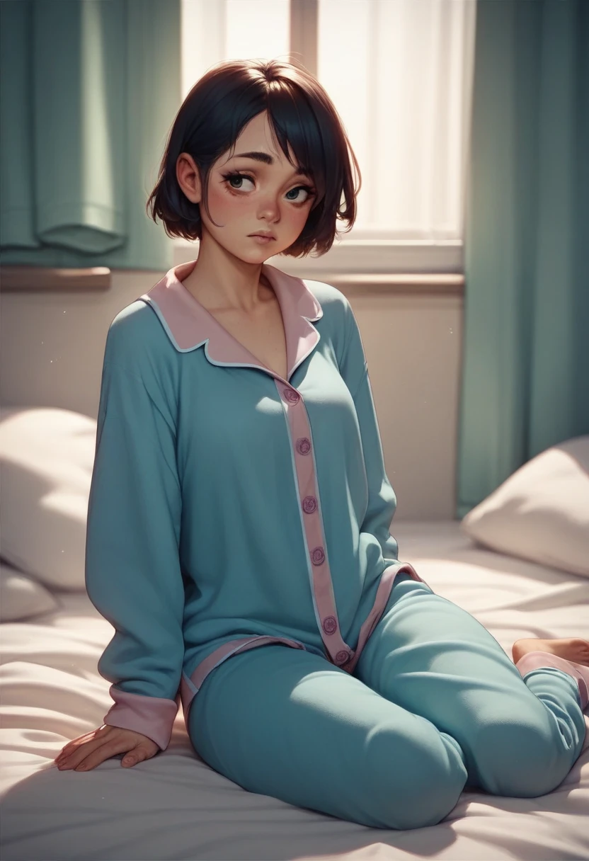 take only the face from the picture, 1 pretty girl sitting on the bed, sexy pajamas, small, high school student, oval face, not small hips