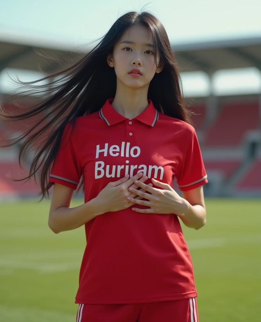 [[an ultra-realistic Asian woman at Seoul International Airport]], oval face shape, long black hair color with brown streaks, medium long wavy hair, 20 years old, (wearing a red and white short-sleeved oversized t-shirt with a logo, black tights , white premium snicker), long hair, symmetrical bangs, bell-shaped breasts