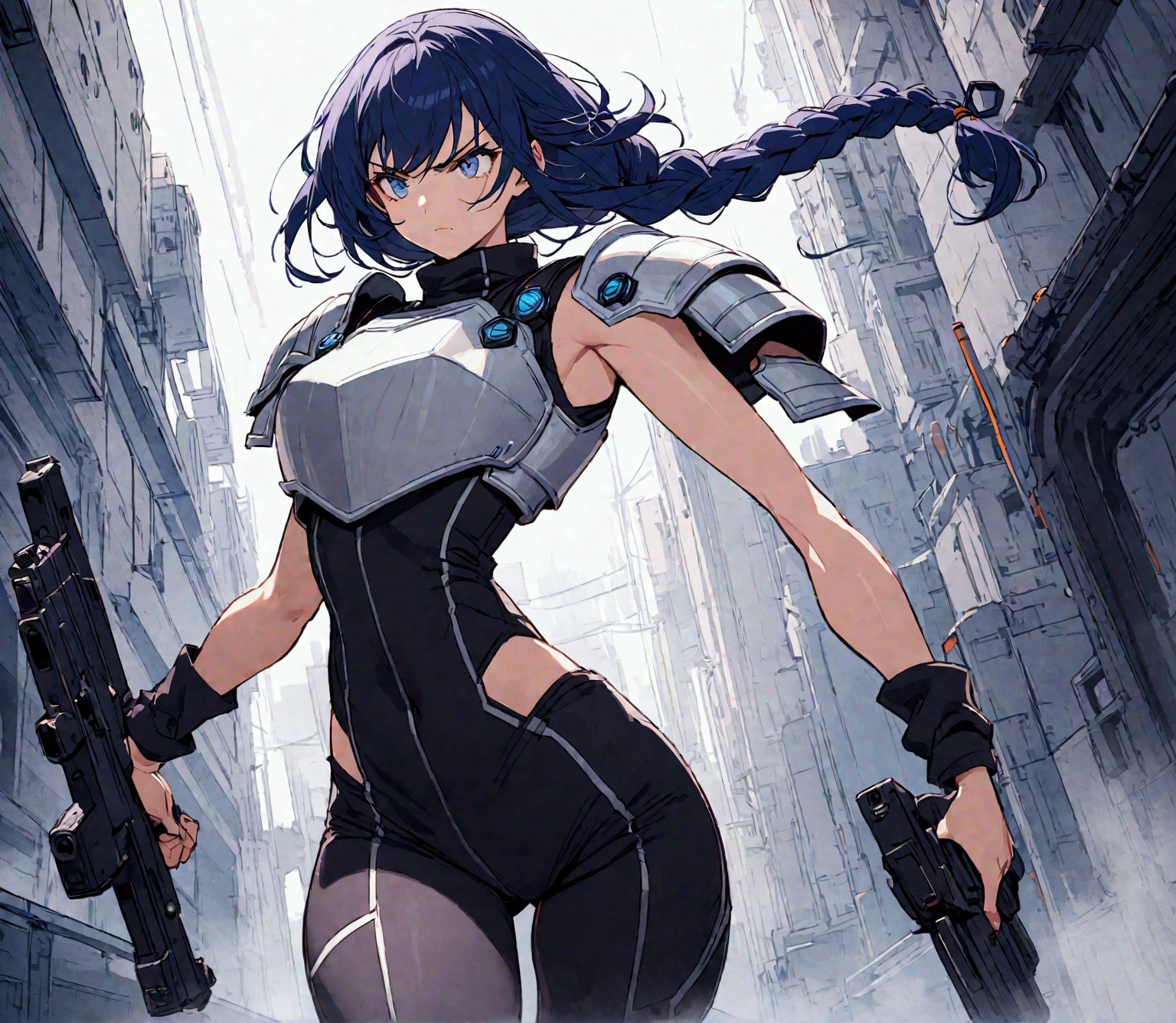 a beautiful girl with midnight blue eyes, (long midnight blue hair, braided hair) circuits running through her skin, wearing a uniform (sleeveless turtleneck suit with long pants, tight long pants with small cutout on leg, no sleeves, sleeveless, shite shoulder pad armor, armored shoulder pads, white chest plate armor) with a curvy figure, holding a futuristic scifi gun, serious determined expression
