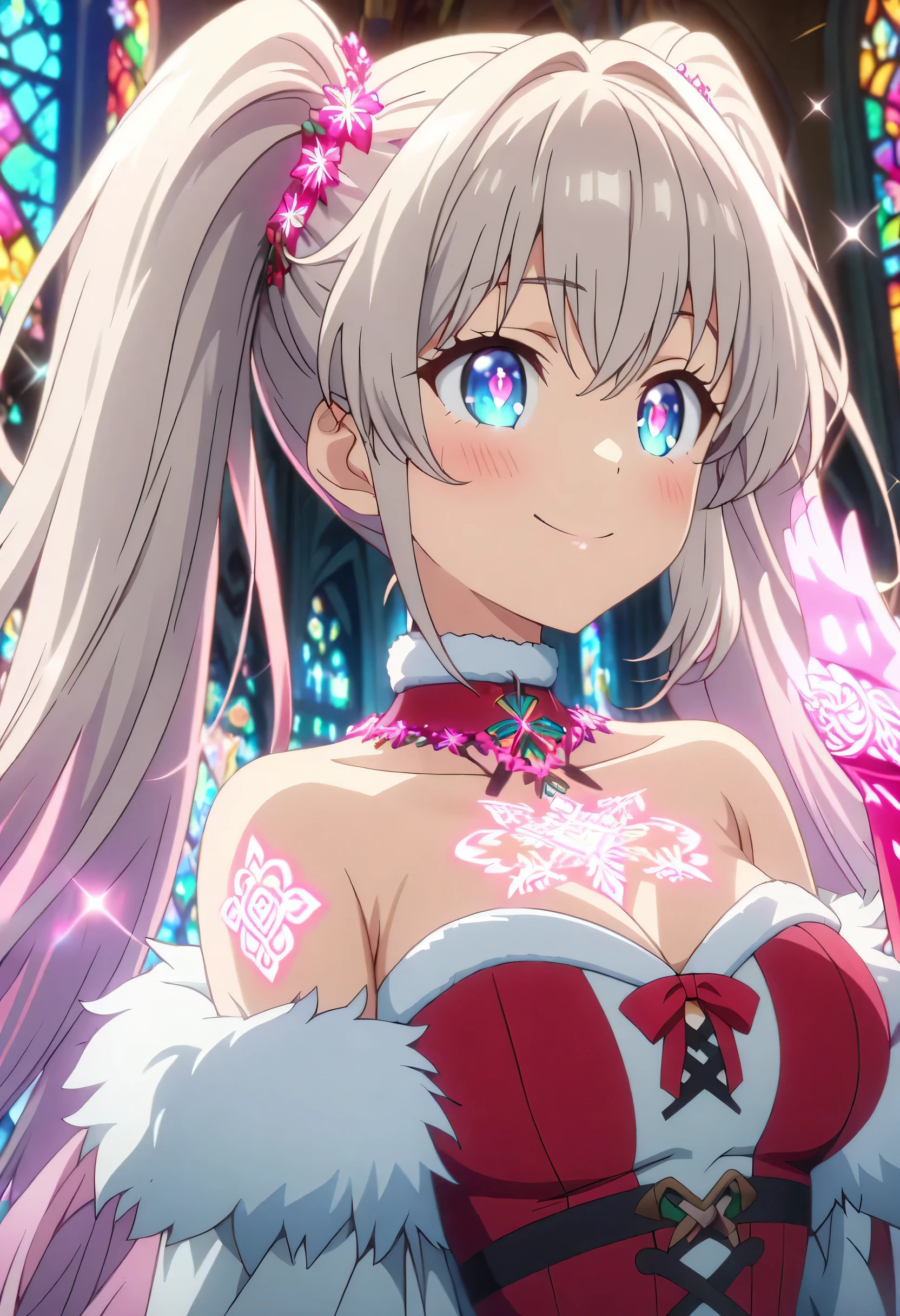 Masterpiece, highest quality, highly detailed CG Unity 8k wallpaper, anime screenshots, female anime character with neon chains. Art of a female anime character with a glowing neon flower tattoo and off-shoulder white fake fur trim red santa claus costume. rounded chin, twintail hair, blue droopy eyes, (sparkle eyes, expecting:1.2), pink cheek, blush, pink lips, beautiful huge breasts, smile, This scene with flowing hair has a nice soft focus effect, highlighting the magical glow of the tattoo. Please take a prayer pose. In the background is a stained glass church. bokeh photography, (soft focus):1.2, out-of-focus highlights, dreamy ambiance, glowing circles, mesmerizing depth, depth of field